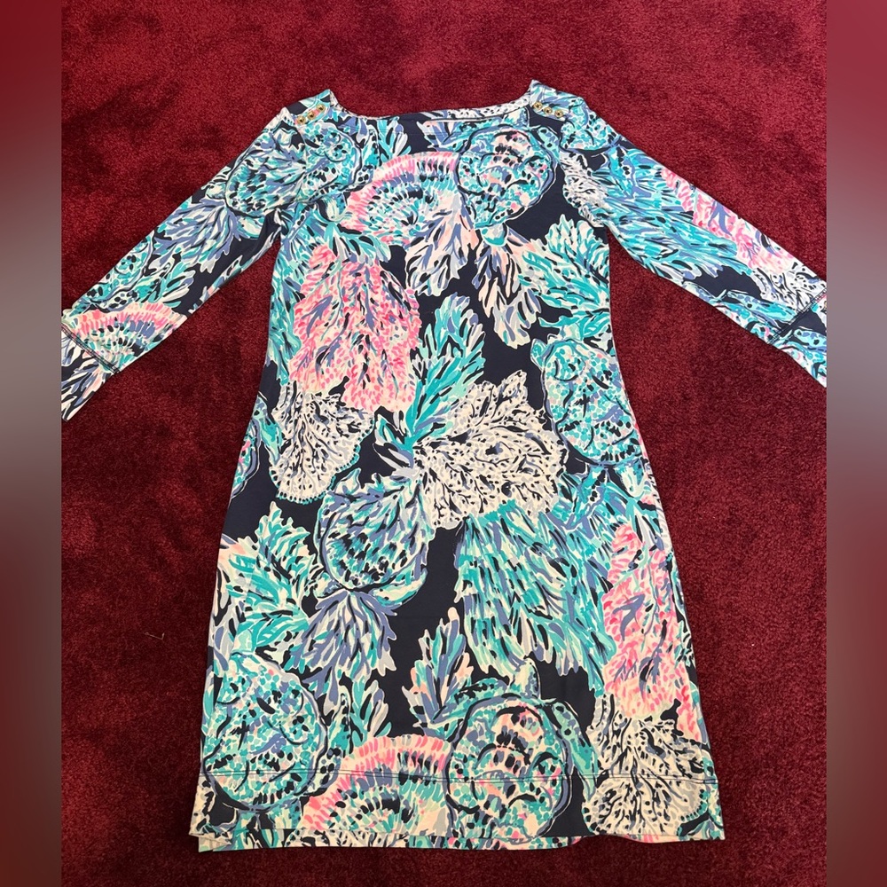 Lilly Pulitzer Sophie UPF 50+ High Tide Navy Party in Paradise Dress BUTTON S